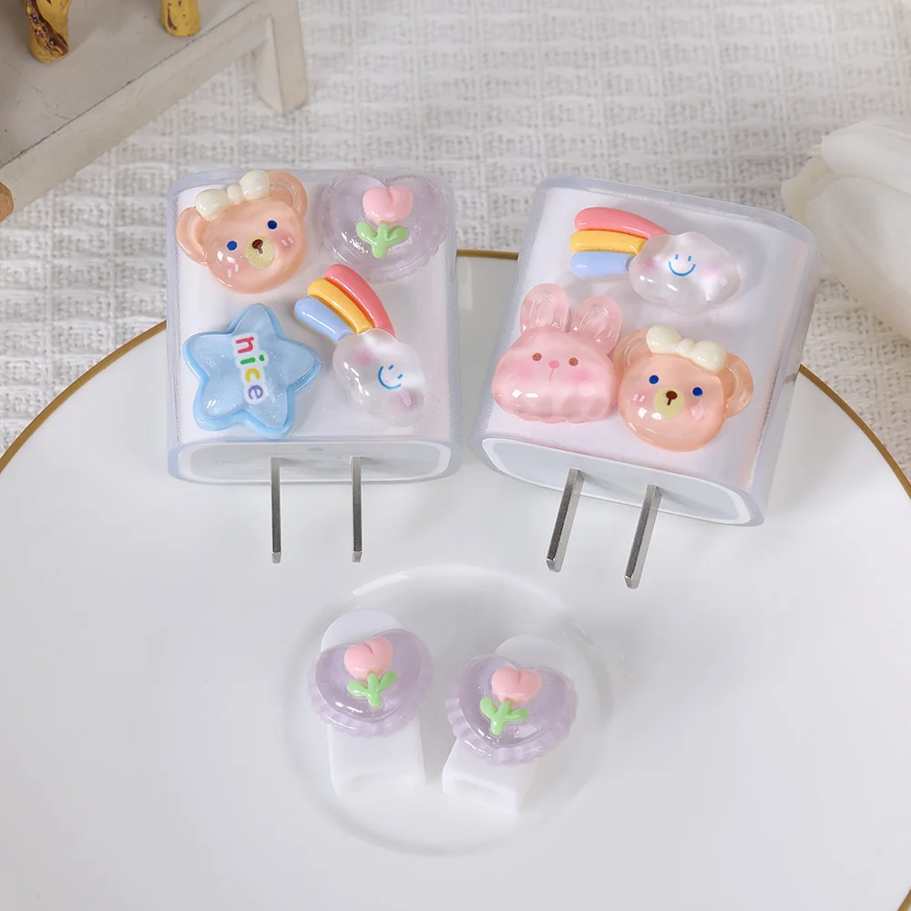 5pcs Charger Cable Protective Case Set Cartoon Rainbow Bear Charger Head Cord Winder Protective Cover For iPhone 16 17 18W/20W