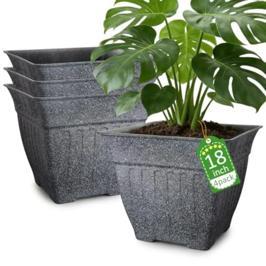18 Large Square Planter for Outdoor Plants Imitation Cement Plastic, Gray, 4-Pack with Drainage Holes 2cm Raised Base, 14 Gal S