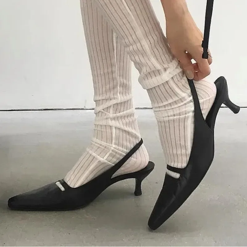 أشار تو هريرة الكعوب أحذية النساء الصنادل Slingback مثير 2025 الاتجاه فستان حفلة مضخات الضحلة الجلود العلامة التجارية Sandalias Mujer #2