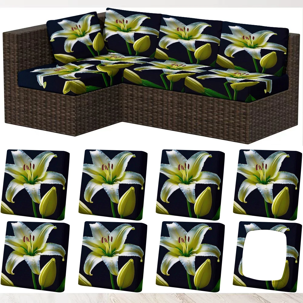 Summer Outdoor Sofa Cover Lily Floral Printed Elastic Couch Cover, Milk Silk Fabric Soft Breathable, Washable