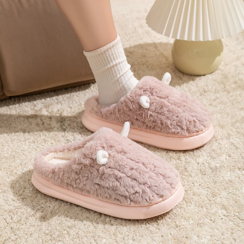 Winter Home Slippers Men Shoes Cute Cartoon Flat Platform Slippers Women Warm Plush Slides Indoor Bedroom Non-Slip Floor Slipper image 3