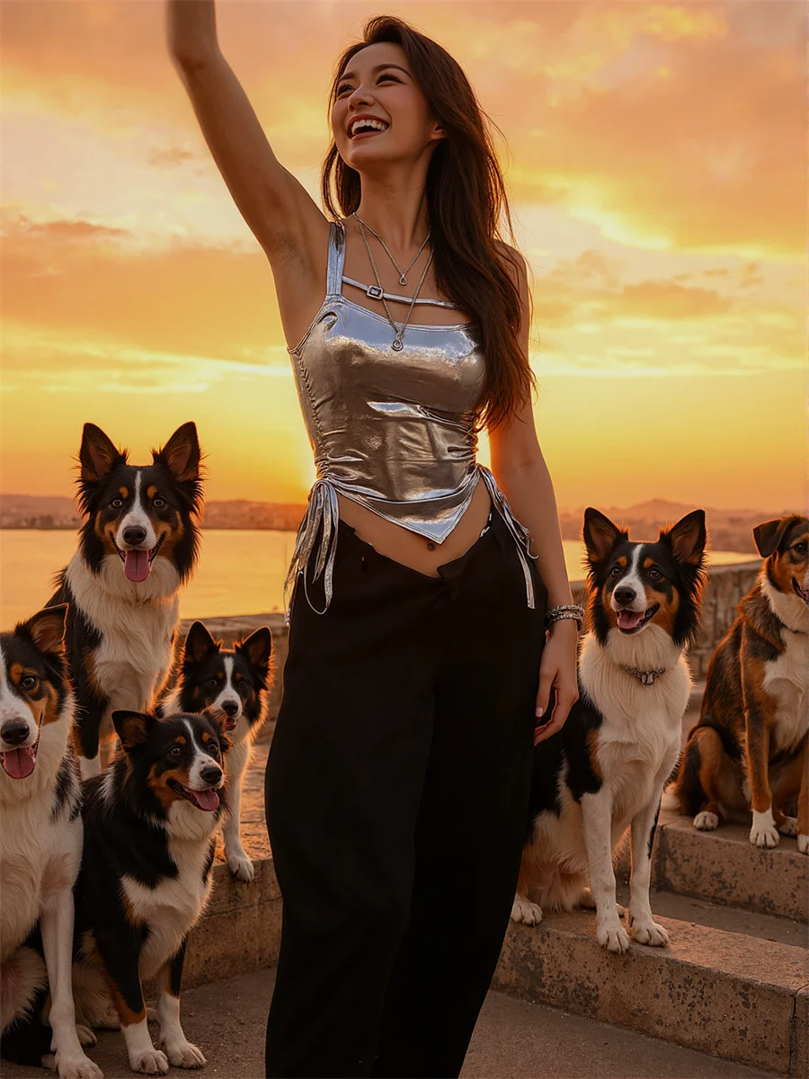 الدبابات كاميس المرأة السائل المعدني الفضة قابل للتعديل السباغيتي مطرز حزام اللؤلؤ الوقوف اليابانية الأزياء الفنية تانك