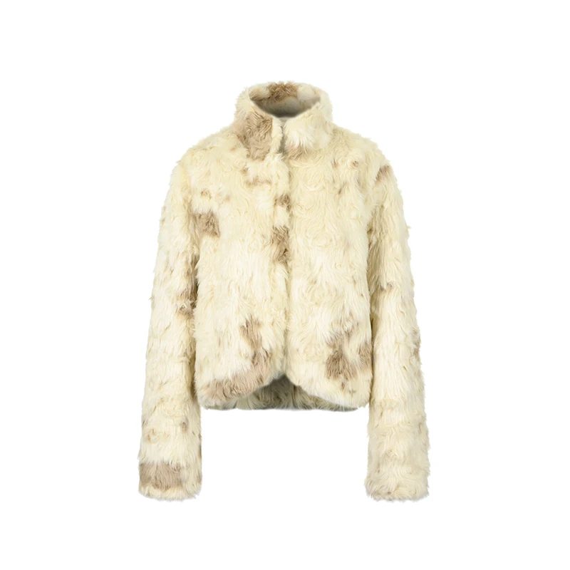 A short, loose, stand-up collar eco-friendly fur warm thick coat with gradually dyed white and brown curly fur