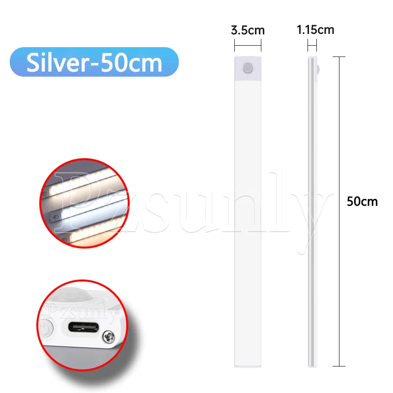 Pzsunly LED-Barlicht, Bewegungsmelder, USB wiederaufladbar, LED-Nachtlicht für Küche, Kleiderschrank, Schrankbeleuchtung, 30 cm/40 cm/50 cm Schrankleuchte 7