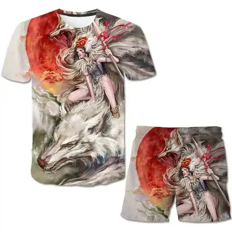 

2025 Fashion High Quality Summer Casual T-shirt Shorts 2-piece Set Men's T-shirt Set Animal 3D Printed Wolf Totem