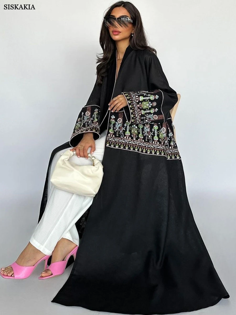 Siskakia Embroidery Open Abaya For Muslim Woman Elegant Casual Moroccan Arab Saudi Loose Cardigan Fashion Kaftan Clothing 2024