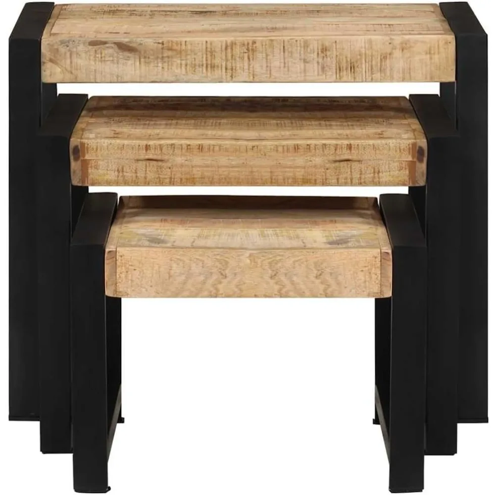 مجموعة طاولات متداخلة من خشب المانجو العتيق مكونة من 3 قطع بتصميم قابل للتكديس، ولمسات سوداء لاستخدام غرفة المعيشة #6
