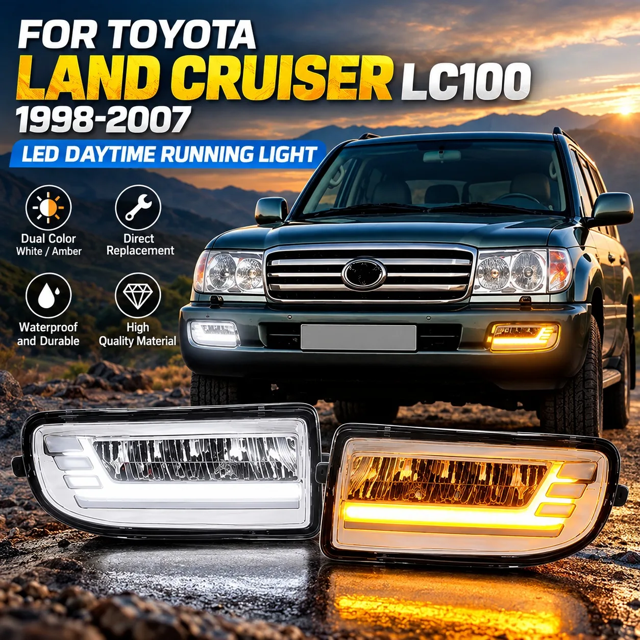 VKY-TY100-L2LED Dual Color LED DRL Daytime Running Light For Toyota Land Cruiser LC100 1998-2007 White Amber Turn Signal