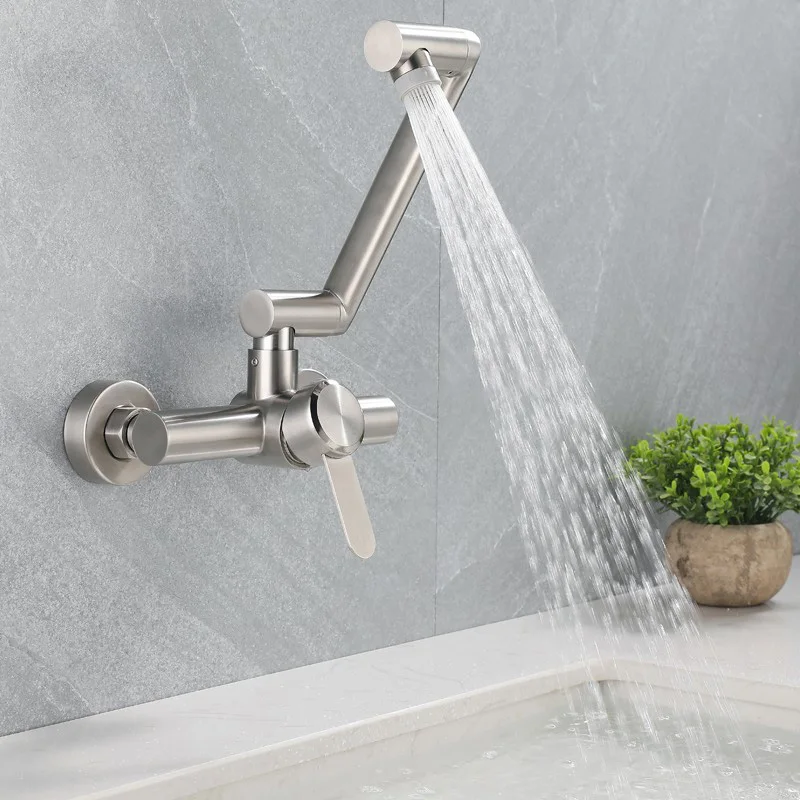 Stainless Steel Foldable Basin Faucet Wall Mounted Bathroom Kitchen Sink Washbasins Cold Hot Water Mixer Tap 360 Degree Swivel