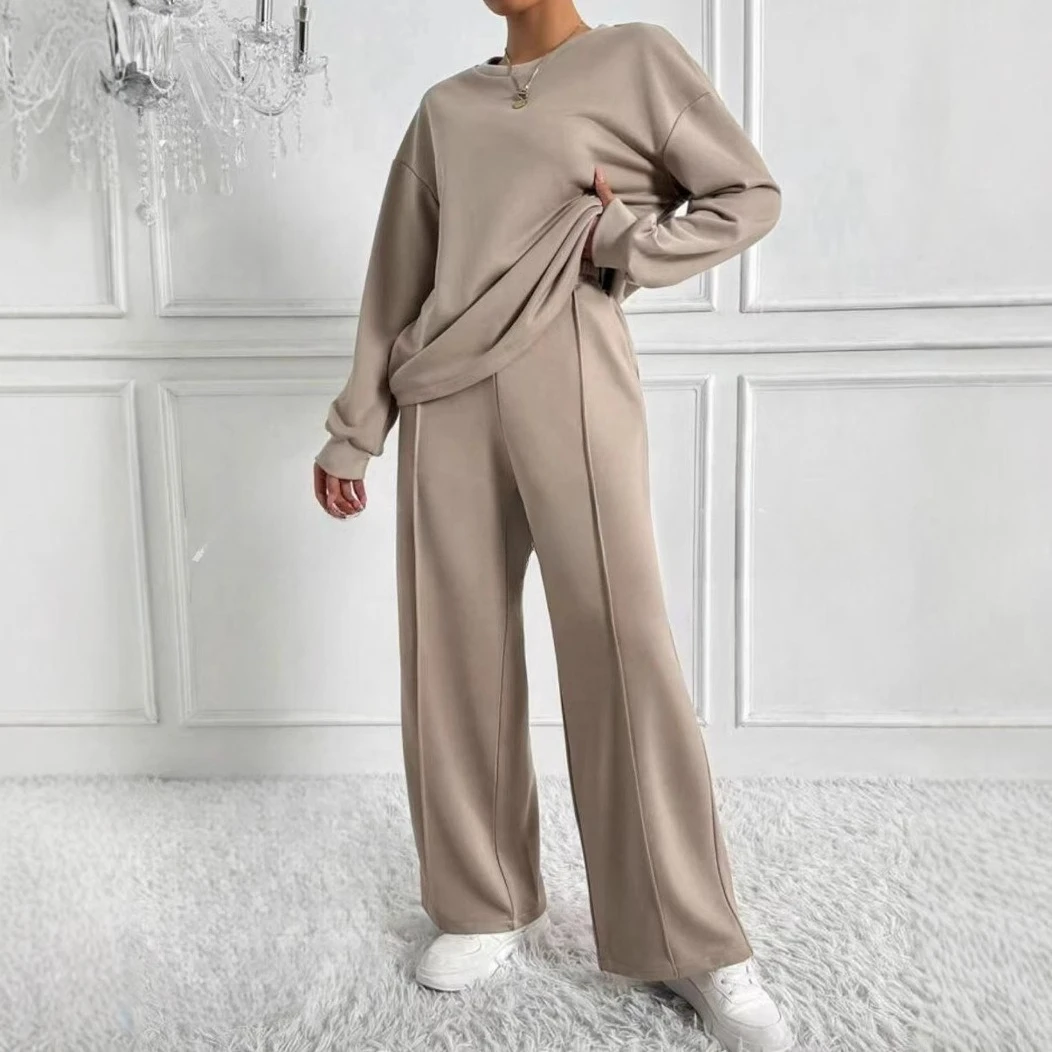 

2026 новый женский топ из двух предметов с длинными рукавами и широкими брюками, повседневный осенне-зимний комплект, спортивный универсальный комплект