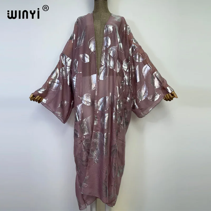 2022 Autumn WINYI new sexy Bronzing leaf printing Beach Wear Swim Suit Cover coat Elegant Women Boho Long Sleeve Kimono dress