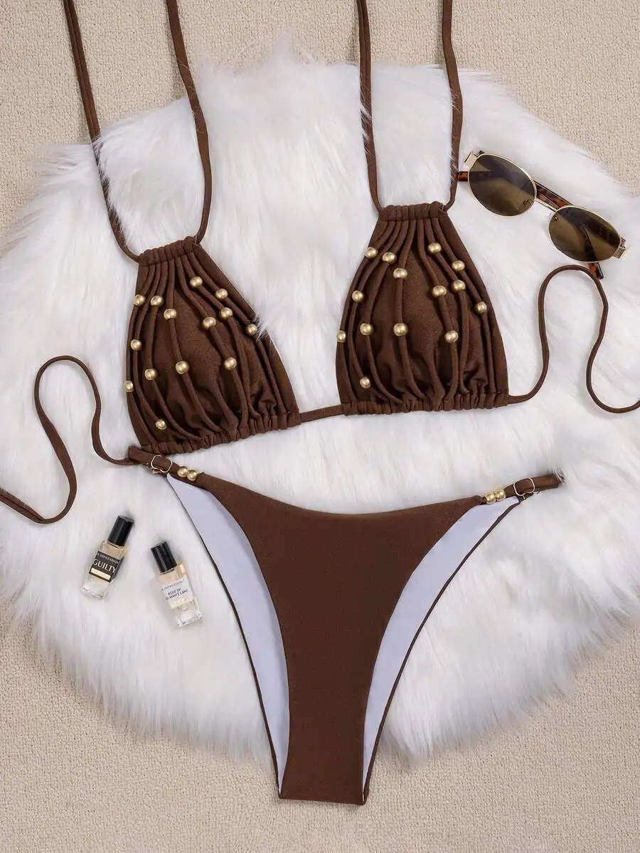 Women Two Piece Beach Bikini With Beaded Halter Top And Adjustable Triangle Bottom