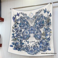 90Cm Twill Silk Spring New Butterfly Flower Women's Decoration Sunscreen Shawl Large Square Scarf Headscarf Wholesale