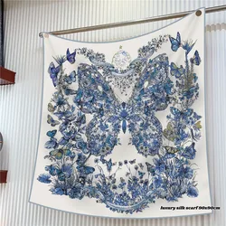 90Cm Twill Silk Spring New Butterfly Flower Women's Decoration Sunscreen Shawl Large Square Scarf Headscarf Wholesale