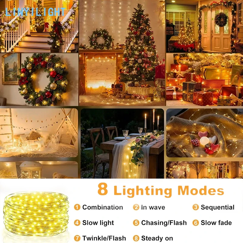 5M/20M LED Copper Wire String Lights 8 Modes Fairy String Light Rechargeable Timer Starry Lights for Wedding Party Christmas