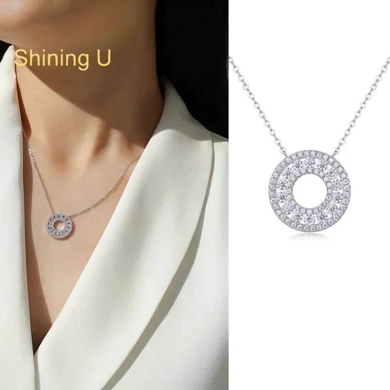 Shining U S925 Silver D Color Moissanite Round Pendant Necklace for Women 18K Platinum Plated Fine Jewelry Anniversary