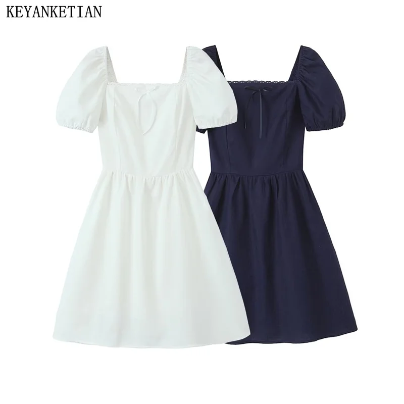 KEYANKETIAN 2024 New Launch Women's Bow Lace Embellished Mini Dress Summer Holiday wind Puff Sleeve Slim Solid color Dresses