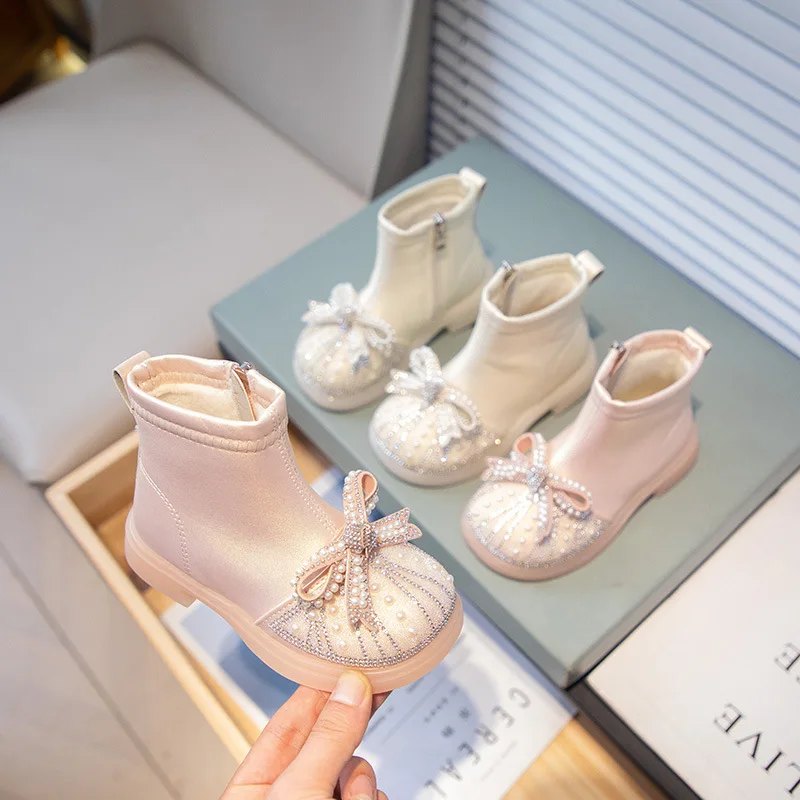 

Детские повседневные ботинки, ботильоны из искусственной кожи с блестками, зимняя обувь для девочек, Нескользящая однотонная теплая белая розовая обувь, размер 23-34