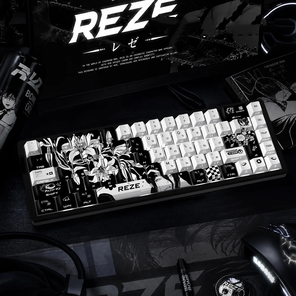 New Reze Cherry Profile PBT Keycaps 5-Side Dye Sub Side Print Shine Through Japanese/Russian Cyrillic Keyboard Caps 74/129 Keys