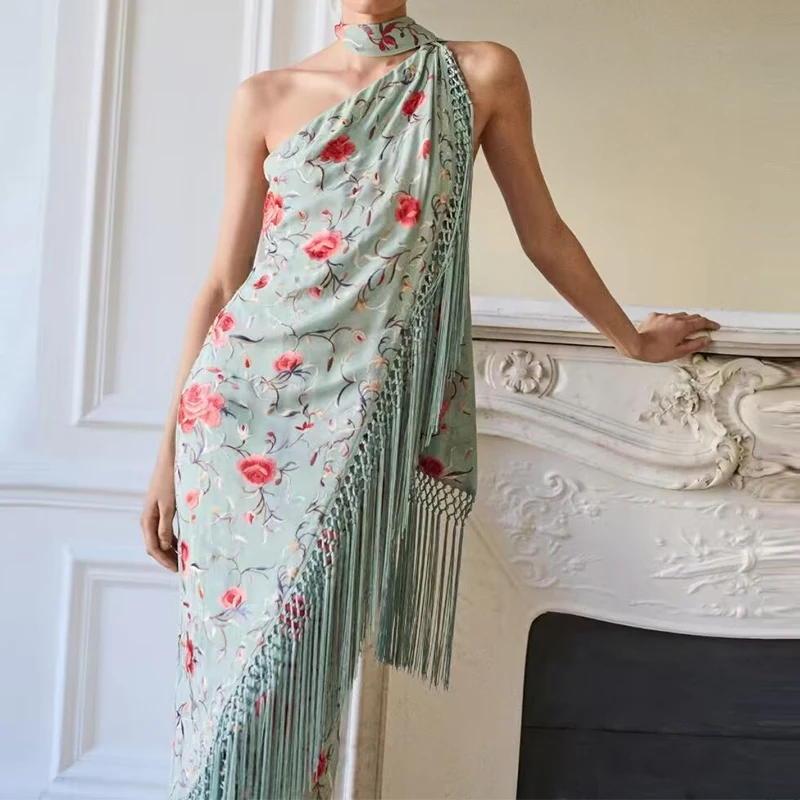 Elegante impressão cachecol colarinho sem costas vestido de festa senhora sexy sem mangas altura cintura bohe vestido moda borla decorativo vestido longo