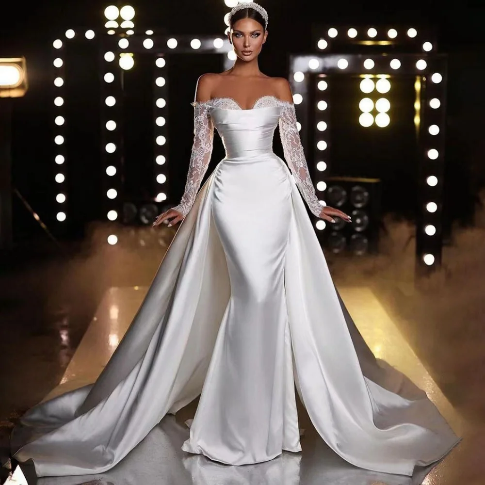 

Customized Elegant Sweetheart Wedding Dresses Mermaid Off Shoulder Bride Dress Lace Court Train Gowns New Arrival Vestidos
