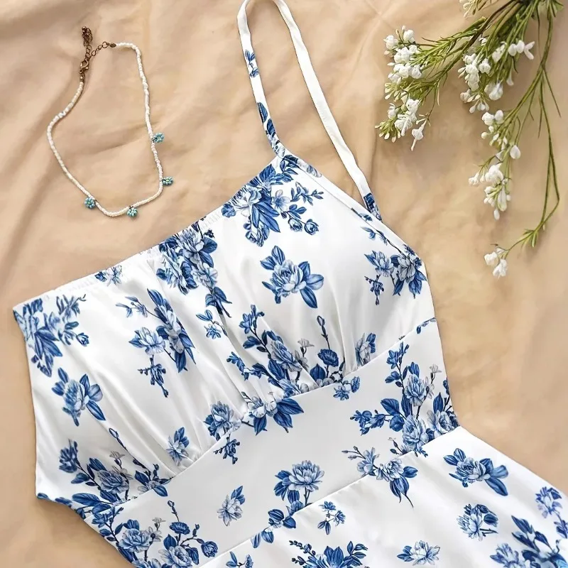 Elegant Floral Print Women's Summer Mini Dress Sexy Bohemian Backless Strap Sundress Casual Sleeveless Holiday Short Dresses