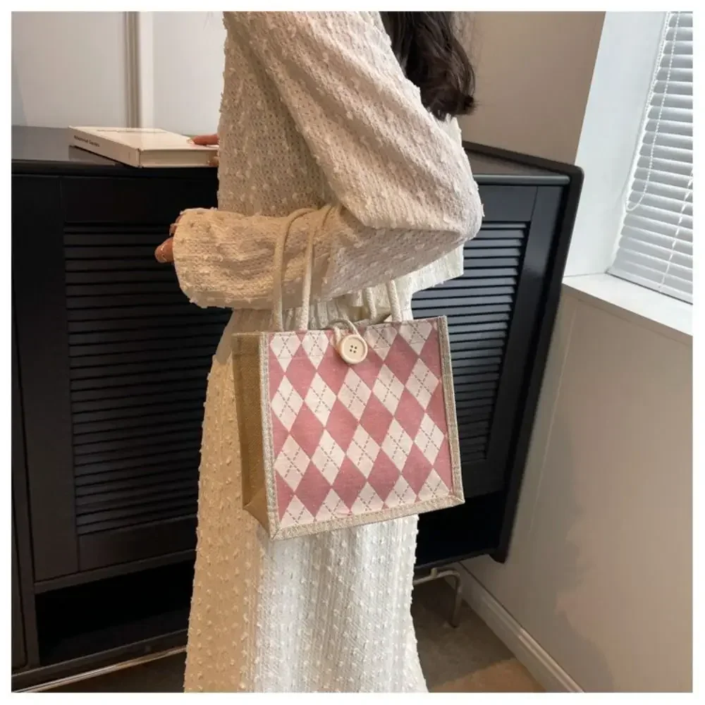 Large-capacity Rhombus Canvas Handbag Portable Linen Fabric With Button Small Tote Bag Reusable Lunch Bags