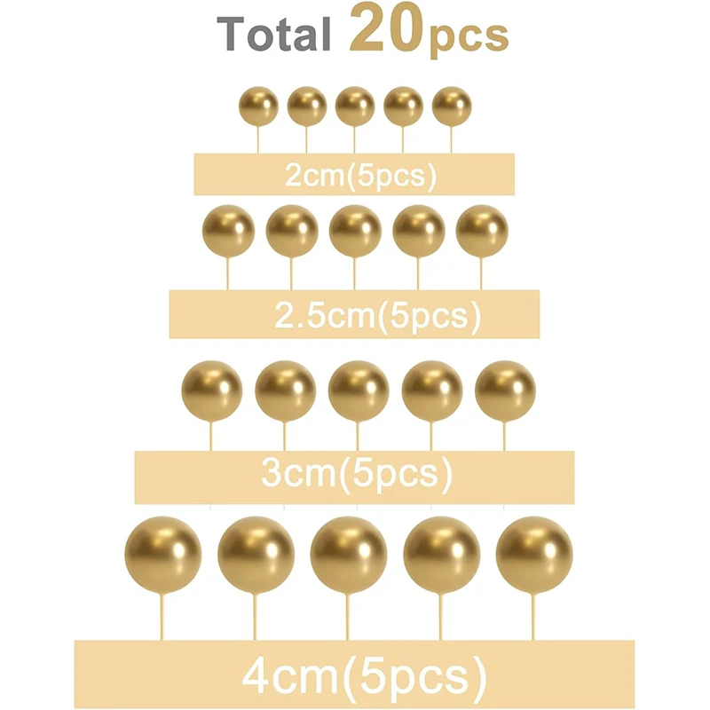 20pcs Cake Toppers Golden DIY Foam Ball Cake Toppers Cupcake Cake Insert Decorations Wedding Anniversary Birthday Party Supplies