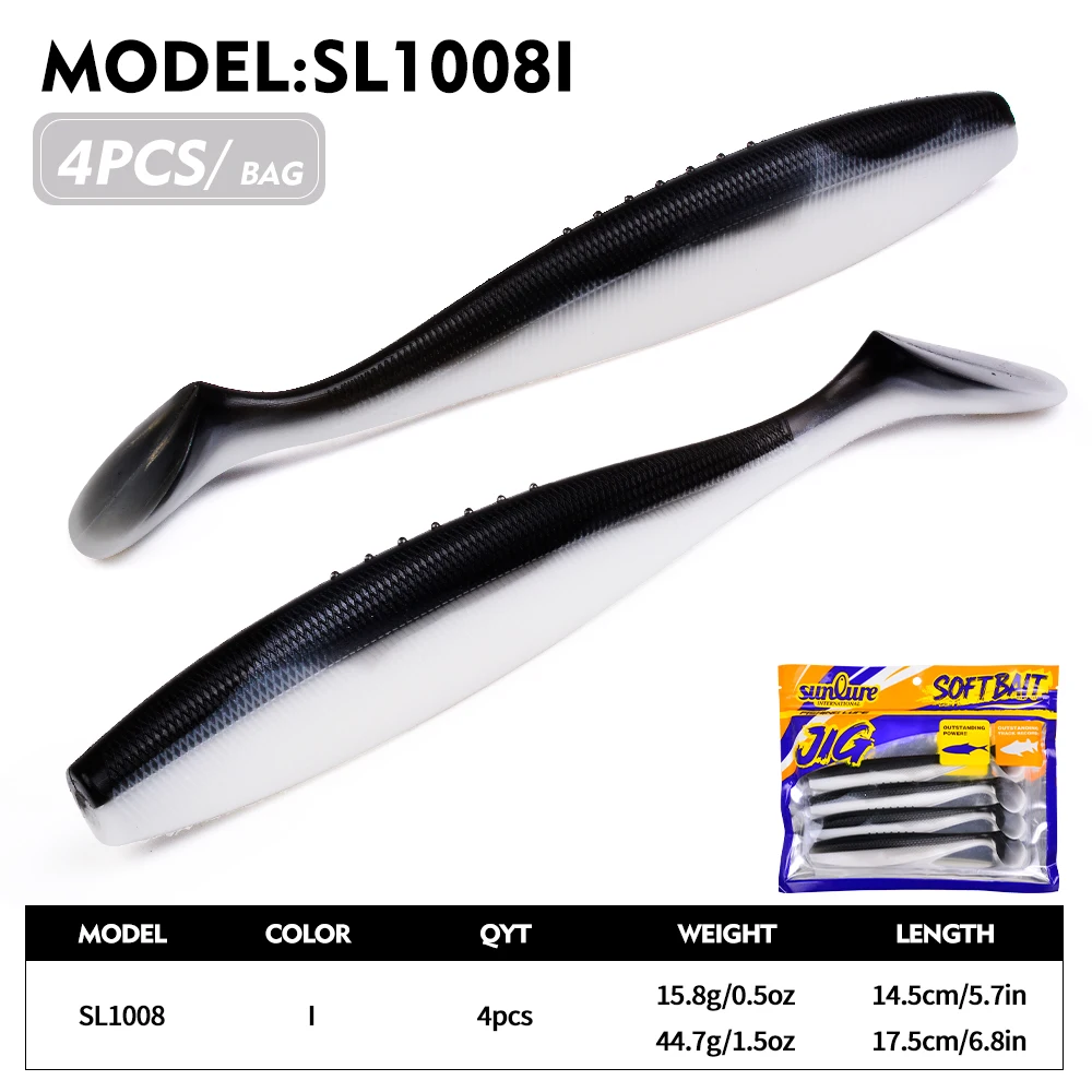 Sunlure 4 Stück/Beutel T-Tail Paddle Weichköder Künstlicher Silikon-Glitzer-Swimbait 14,5/17,5 cm Weichköder für Bass-Salzwasserfischen Pesca