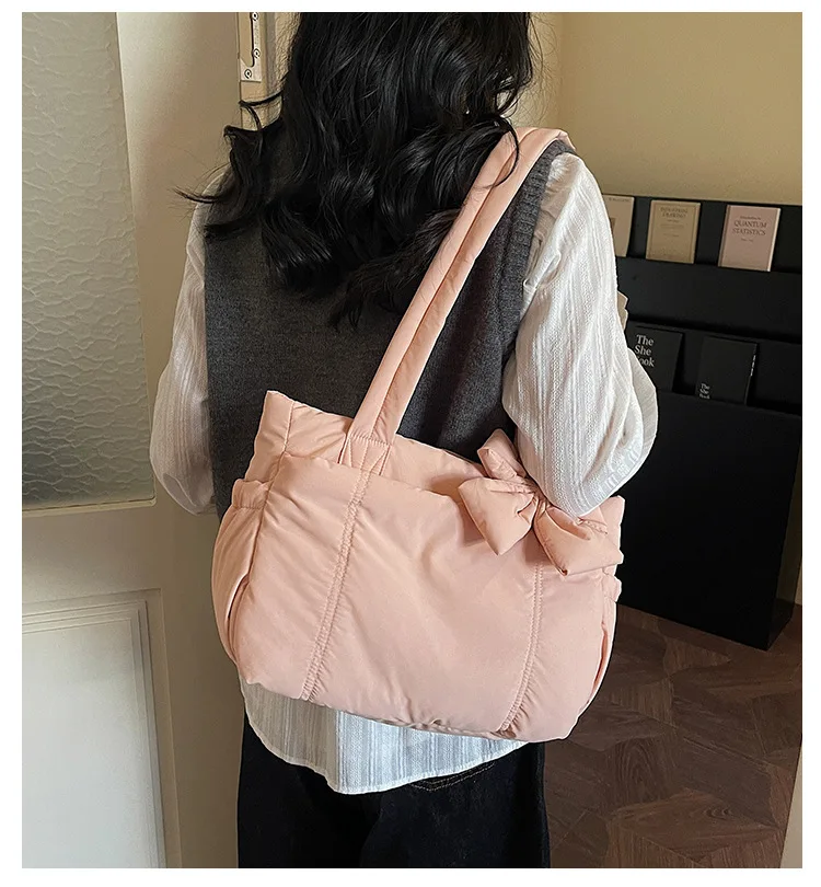 

Summer Spring Large Capacity Padded Bow Tote Bag Women Shoulder Yoga Gym Travel Commuter Student Lightweight Puffy Handbag