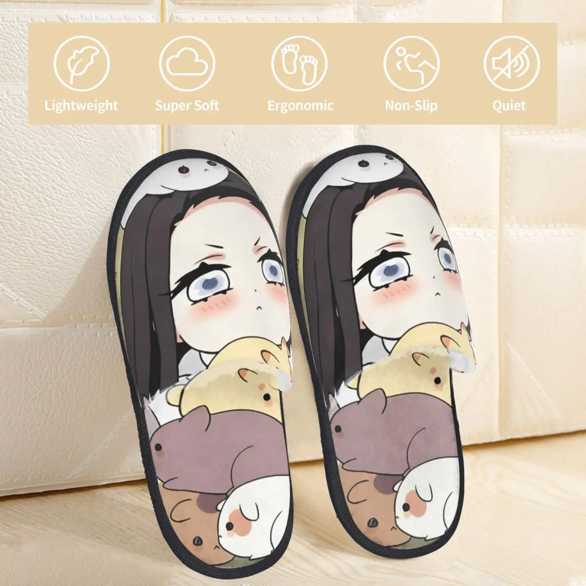 Winter Furry Slippers Kawaii Nezuko Merch Household Fur Slippers Slides Bedroom Anime Demon Slayer Cozy Non-slip Slides