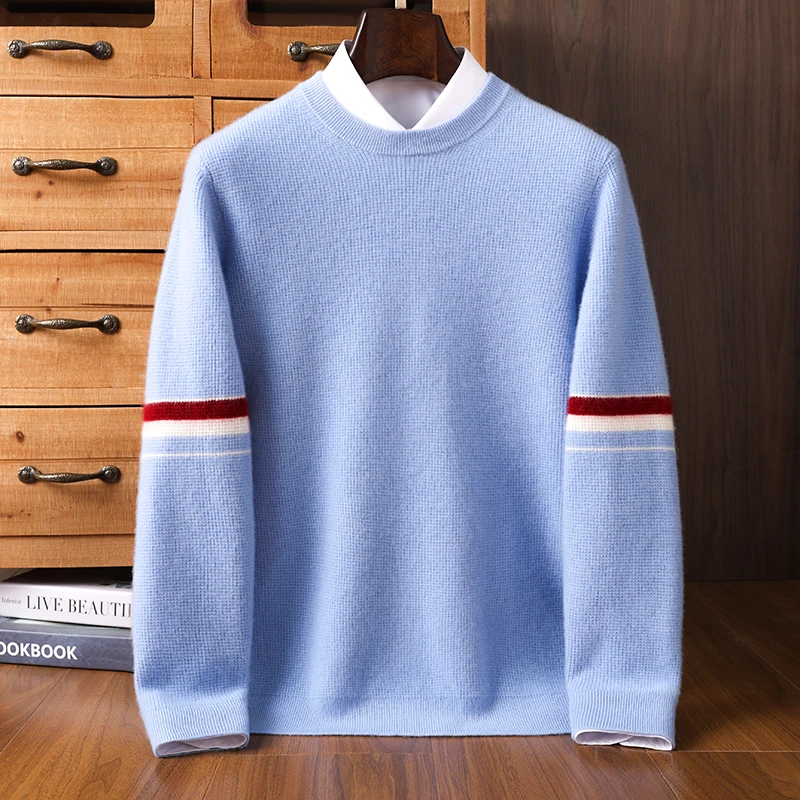 100% Cashmere Sweater Men's Autumn Winter New Round Neck Knit Pullover High-end Thickened Color Block Jumper Men's Clothing Warm