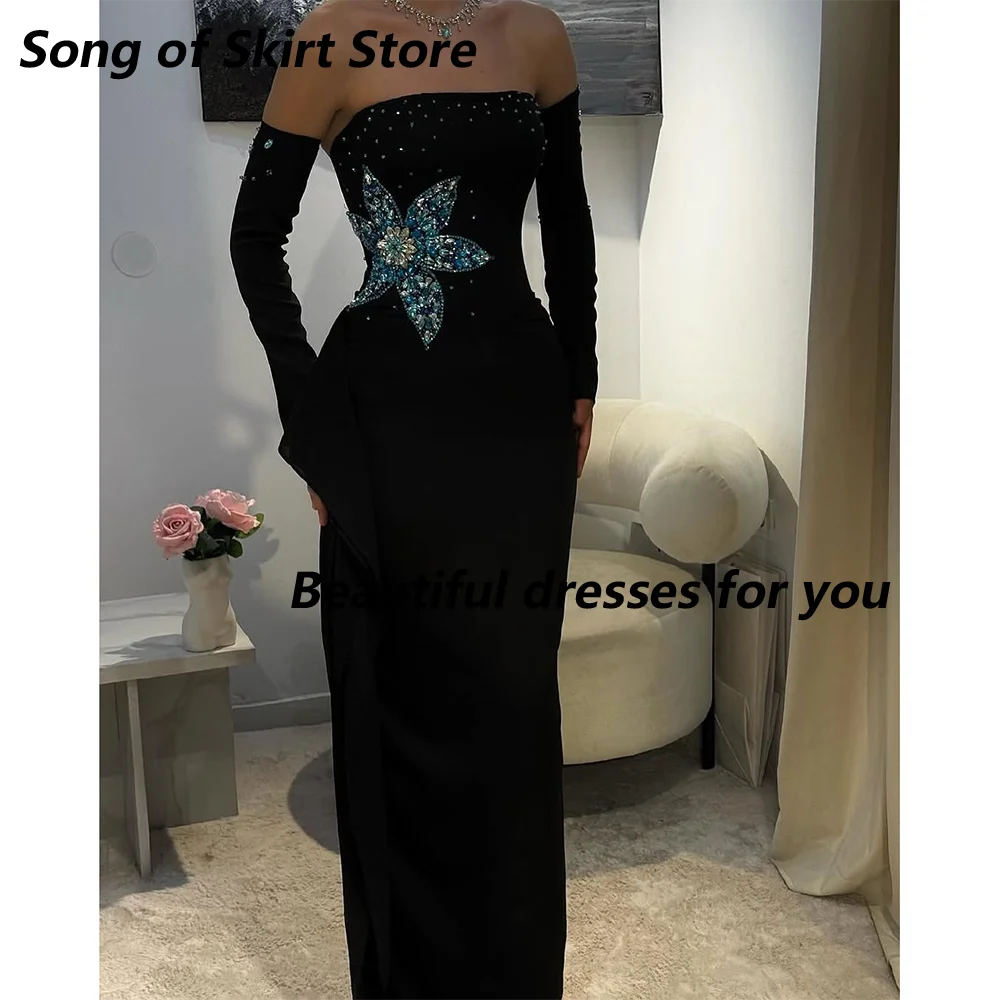 فستان سهرة أسود مخصص بدون حمالات زهرة كريستال طول الأرض غمد حفلة كوكتيل فساتين لحضور الحفلات الموسيقية 2025