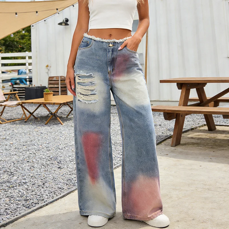 

Spring new fashion trend graffiti design jeans with holes, loose legs, high waist, rough edges, waist, long pants