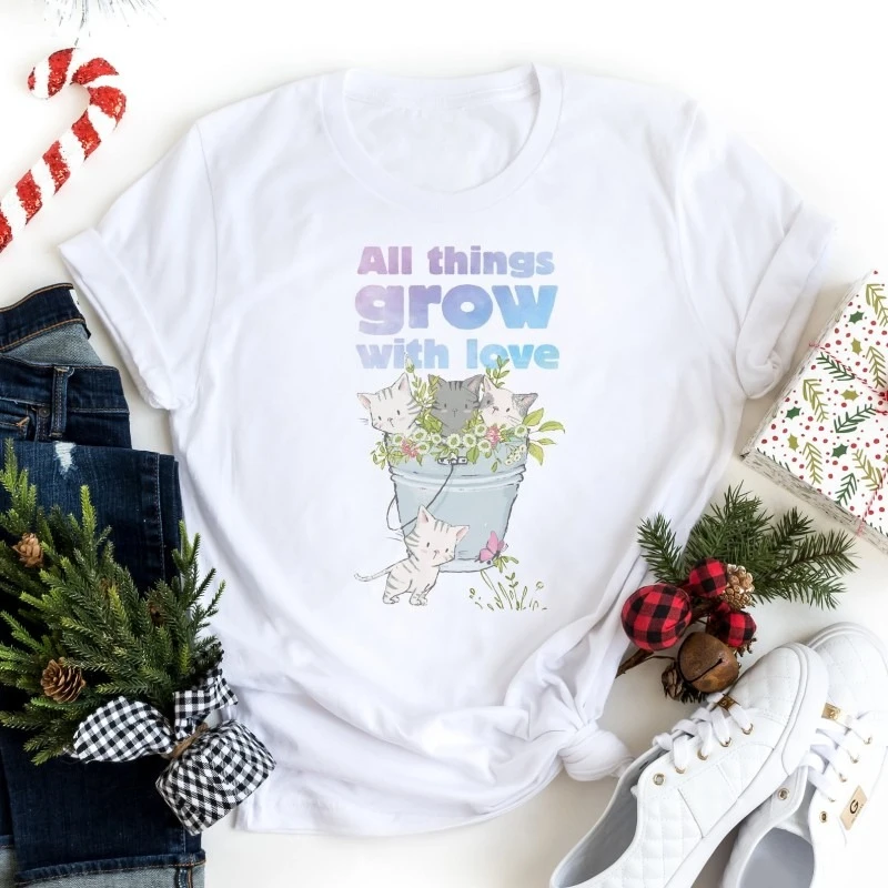Grow with Love Cat T Shirt Women Cute Kitten Flower Pot Graphic Tee Plant Lover Casual Streetwear Fashion Top Daily Wear