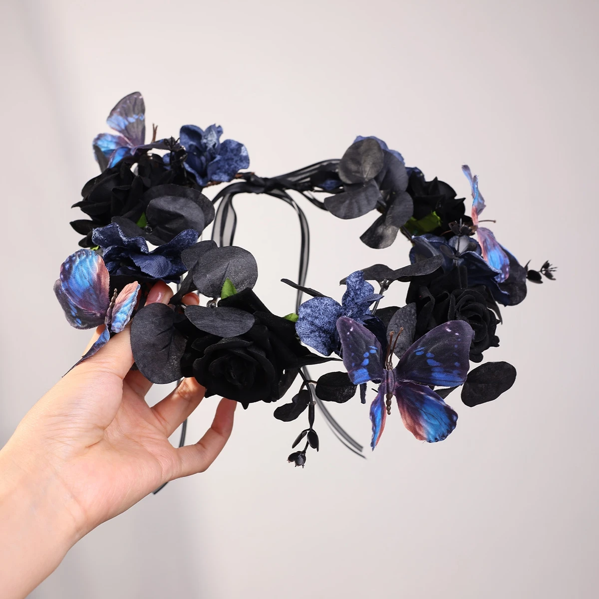 Handamde Baroque Black Rose Flowers Headbands For Women Bride Halloween Hairbands With Ribbon Party Hair Accessories image 6