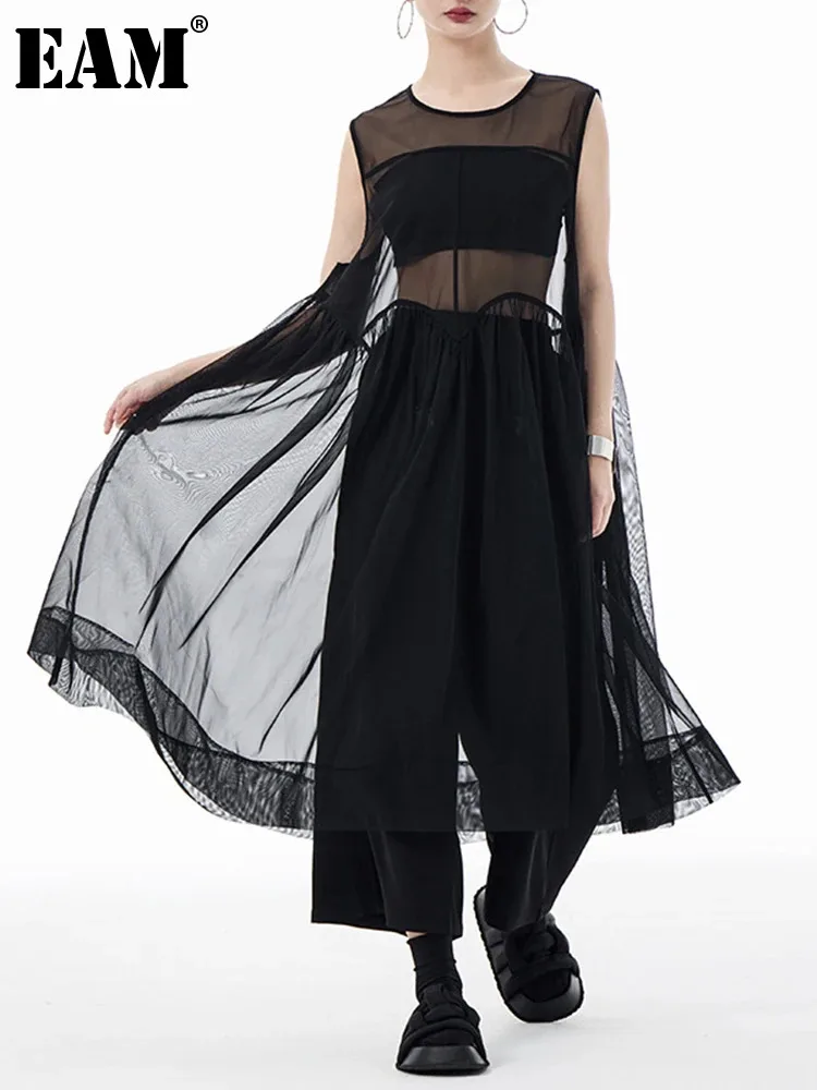 [EAM] Women Black Big Hem Mesh Big Size Elegant Perspective Dress New Round Neck Sleeveless Fashion Spring Summer 2024 1DH6298