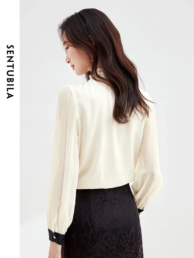 SENTUBILA Ruffled Bow Neck Chiffon Blouse for Women 2025 Spring Autumn Elegant Fashion Shirts Blouses Womens Tops 141V52357