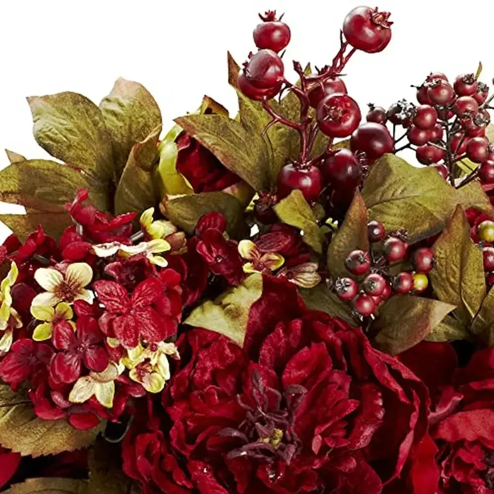 Peony Hydrangea Silk Flower Arrangement Red Gold Berry -Look Plastic Planter Indoor Decor Bursting Blooms Festive Centerpiece