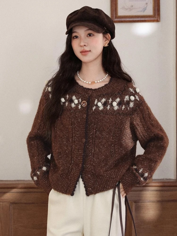 

ALXNAN Women's Sweater Color-blocking Round-neck Button Short Knitted Cardigans Autumn Gentle Soft Casual Versatile Tops L58826