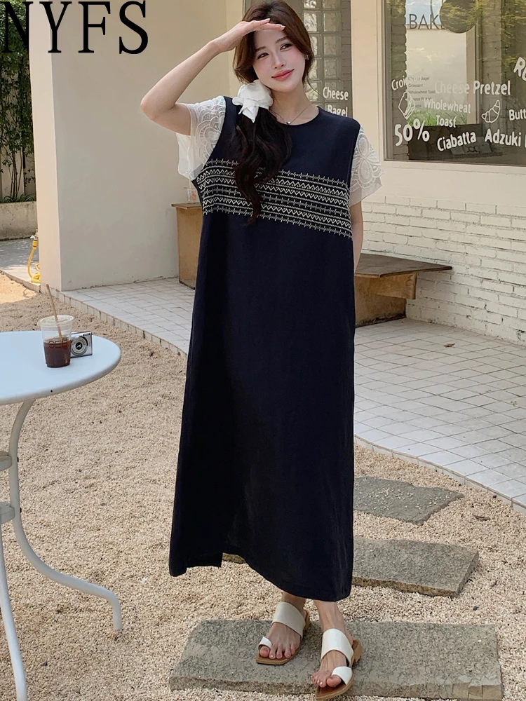 فستان نسائي مقاس كبير من NYFS لصيف 2025 فساتين طويلة فضفاضة مرقعة من الدانتيل رداء Elbise بأكمام قصيرة على الطراز الكوري #1