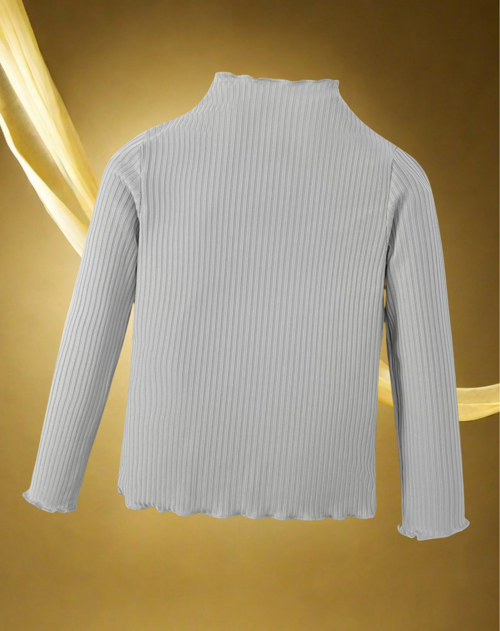 Comfortable white turtleneck top with wavy edge decoration for everyday wear