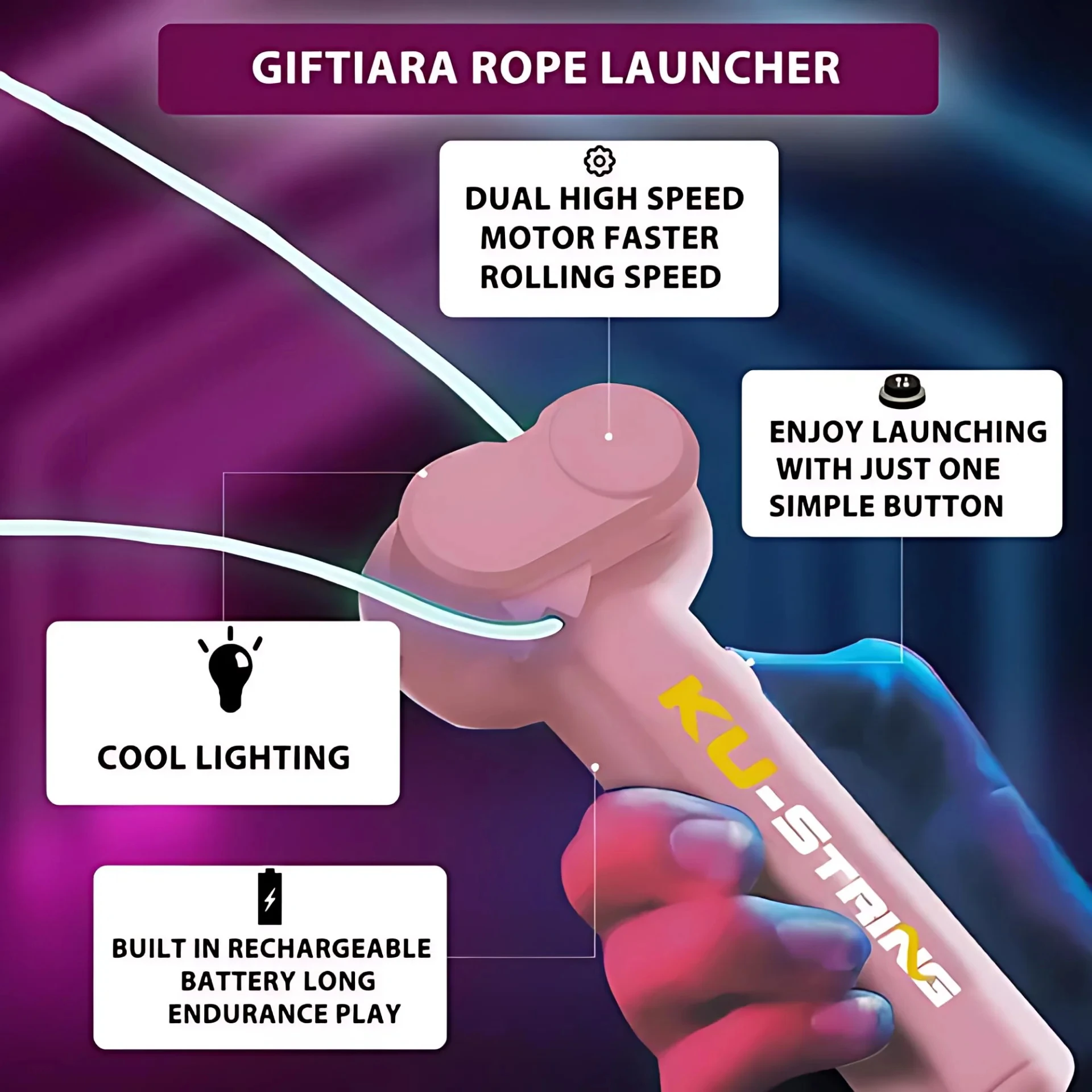 Glow Rope Gun High Speed Launcher Stress Relief Toy Dual Motor USB Charging String Shooter Adult Kids Decompression Gift