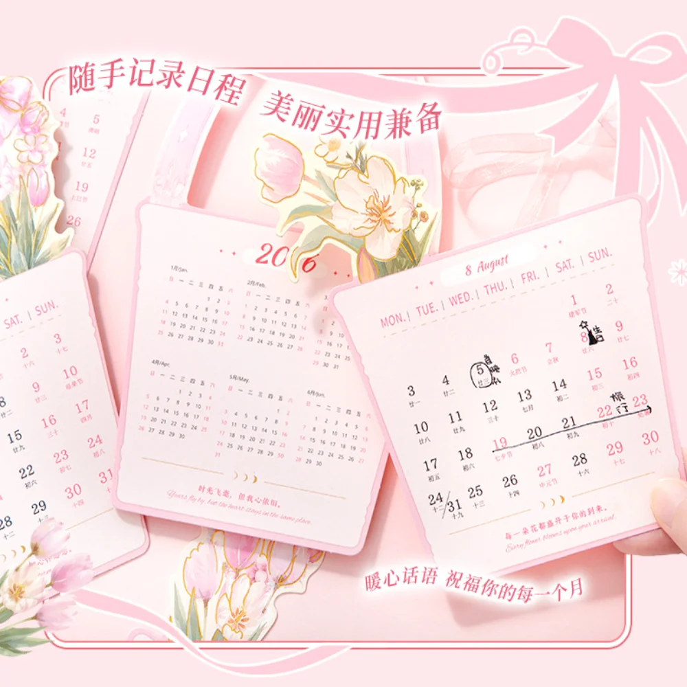 Standing Desk Calendar Thick Paper Vase-Like Desktop Calendar Monthly Planner Solid Wood Base Mini Calendar For School Desktop