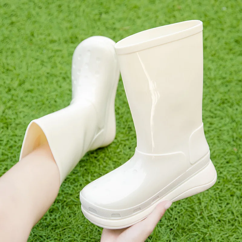 Spring New Women Thick Sole Round Toe Heightening PVC Work Boots Rubber Waterproof Non-slip Rain Boots Women's Rain Boots 36-41