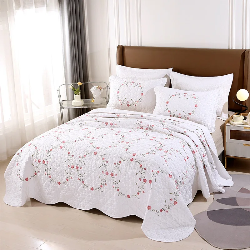 3-Piece Set Countryside Embroidered Quilted Bedspread, 100% Cotton Summer Lightweight Comforter, Quilt Bed Cover for Home Decor