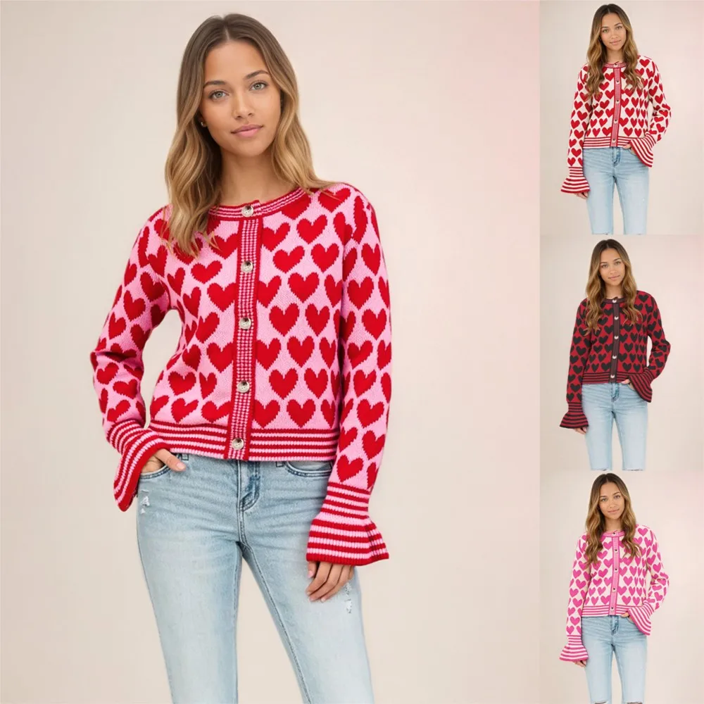 MsChuh Women's Cardigan Round Neck Heart Sweater Button Flare Sleeve Women's Sweaters And Pullovers Warm Casual Daily Knit Tops