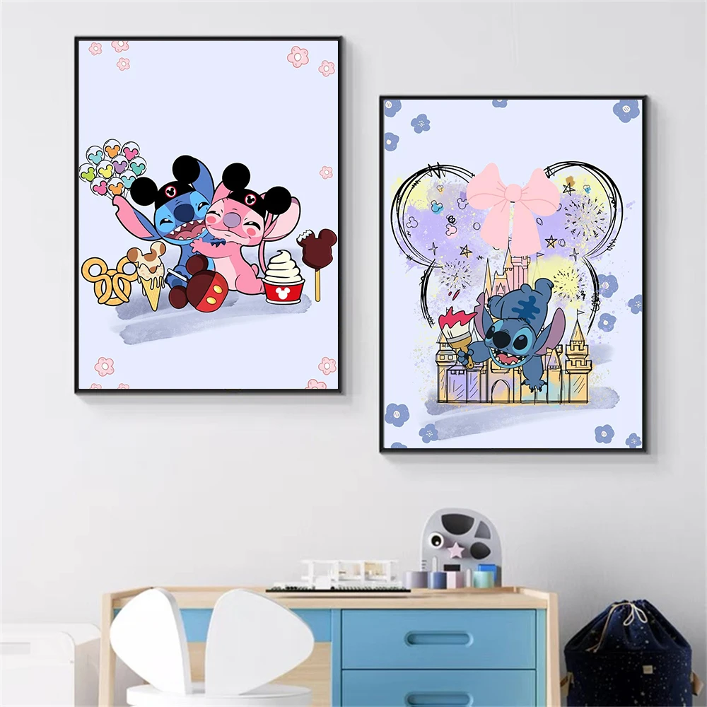 Décoration murale Disney Stitch, impression sur toile, décoration de chambre d'enfant Angel, affiche Lilo & Stitch, décoration mignonne pour chambre de fille, chambre à coucher