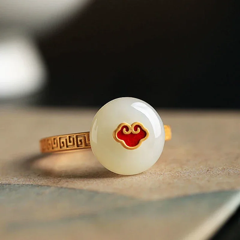 New in Antique Gold Craft Inlaid Natural Hetian Jade Enamel Porcelain Round Opening Adjustable Exquisite Elegant Ladies Ring