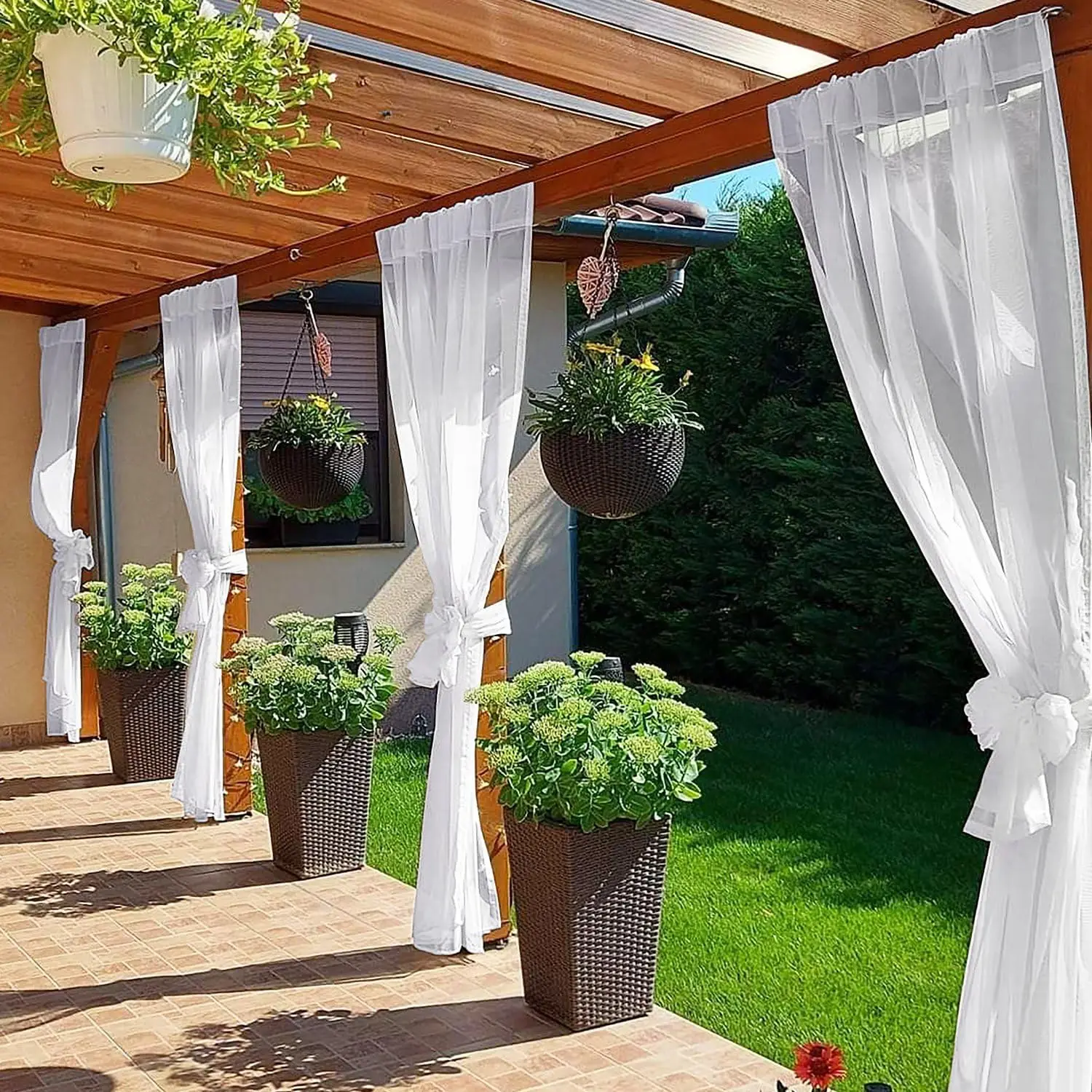 White Solid Indoor Outdoor Curtains, Light Filtering Opacity with Grommet Top, Water Repellent, 1-Pack Set, 54'x84', Beige